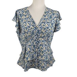 1.STATE Floral Peplum Babydoll Blouse Medium Blue Flutter Sleeve Button Down